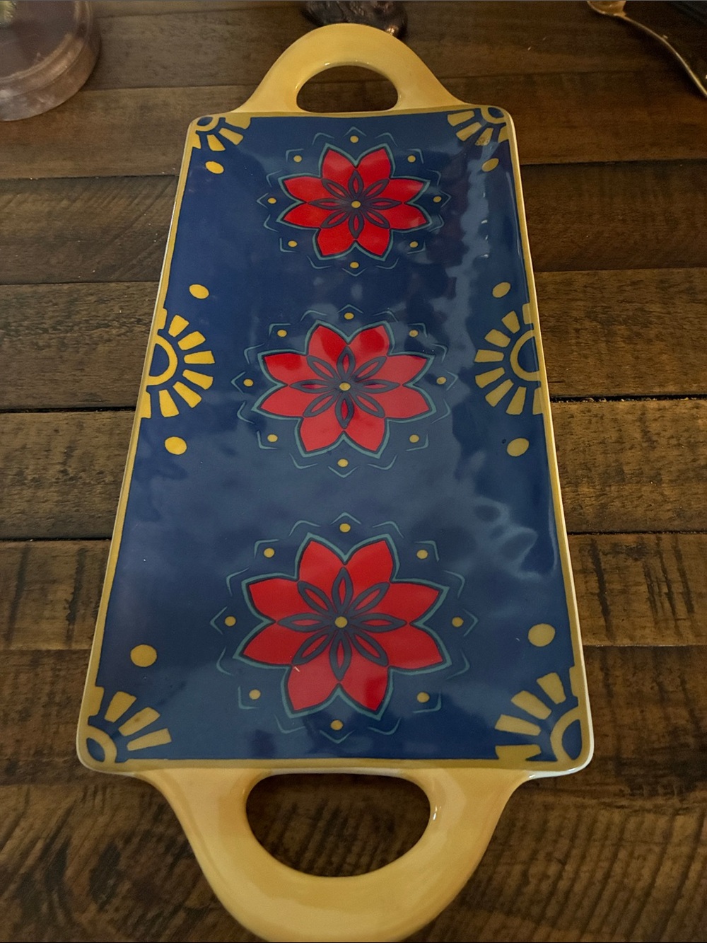 Ceramic Serving Tray with Red Floral Motif on Deep Blue